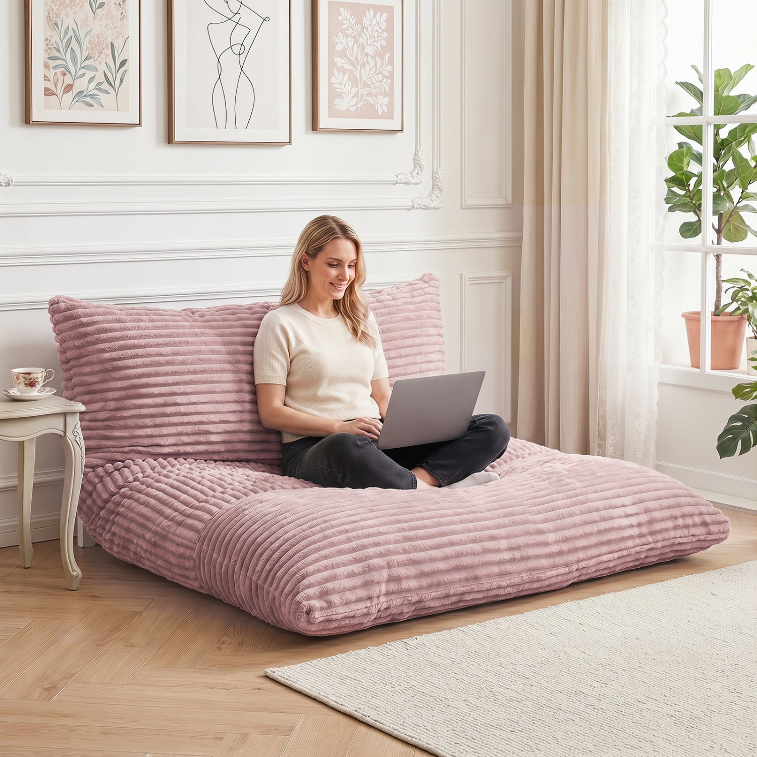Convertible Bean Bag Floor Sofa with Washable Corduroy Cover