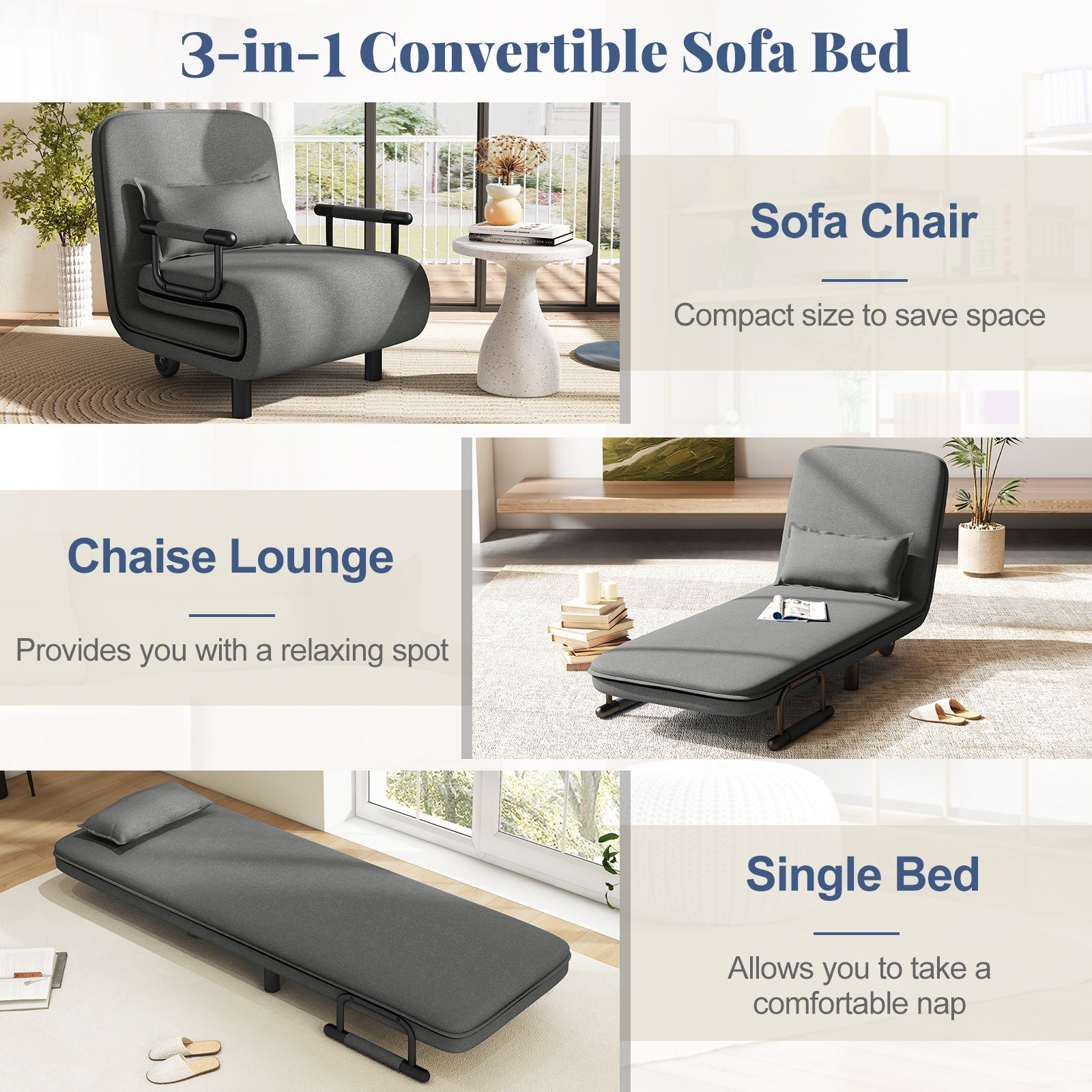 3-in-1 Convertible Sofa Bed with 5-Position Adjustable Backrest and Lumbar Pillow-Gray