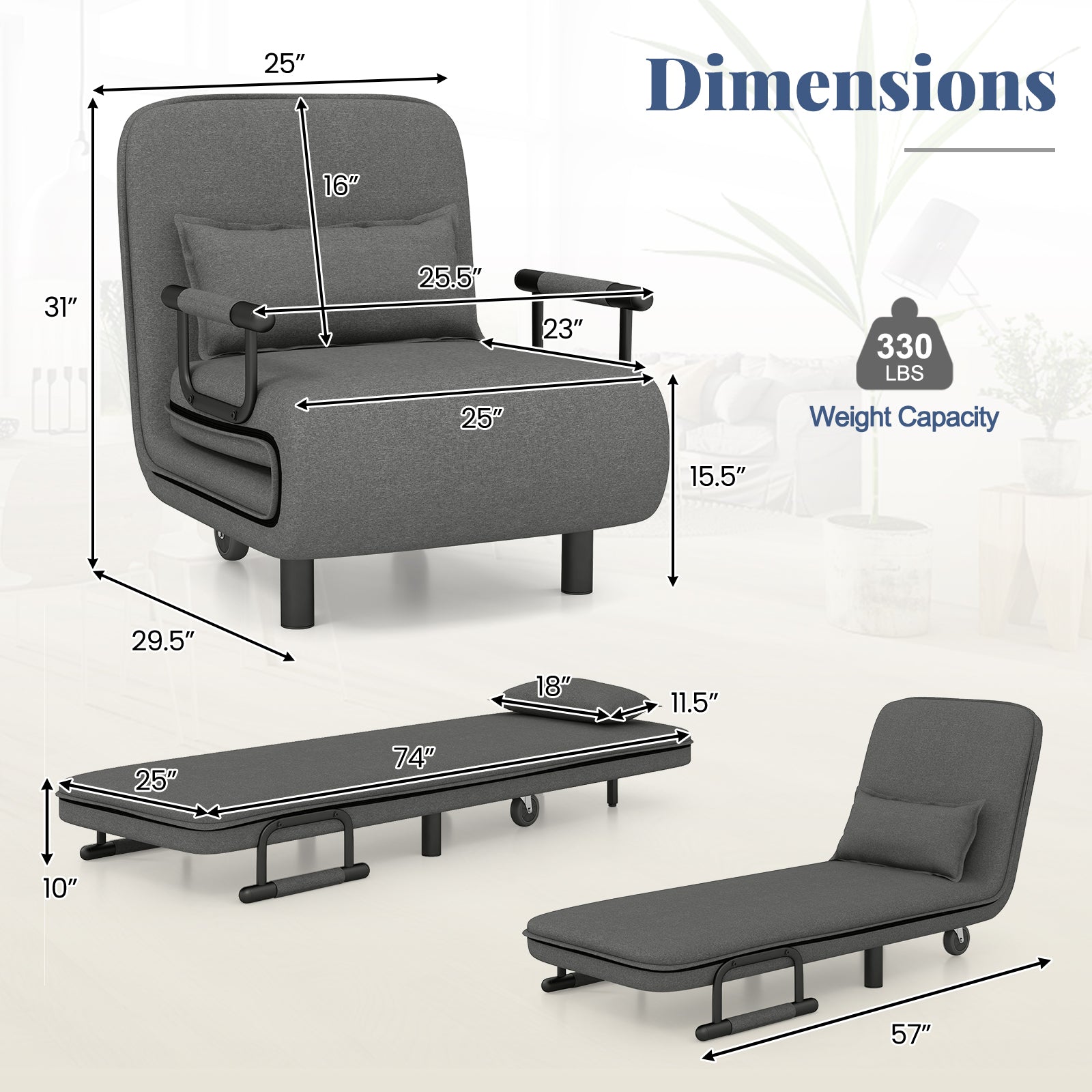 3-in-1 Convertible Sofa Bed with 5-Position Adjustable Backrest and Lumbar Pillow-Gray