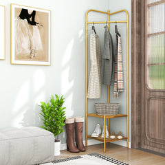 Corner Coat Rack with Top Hanger and 2 Mesh Shelves for Entryway Hallway Living Room Bedroom