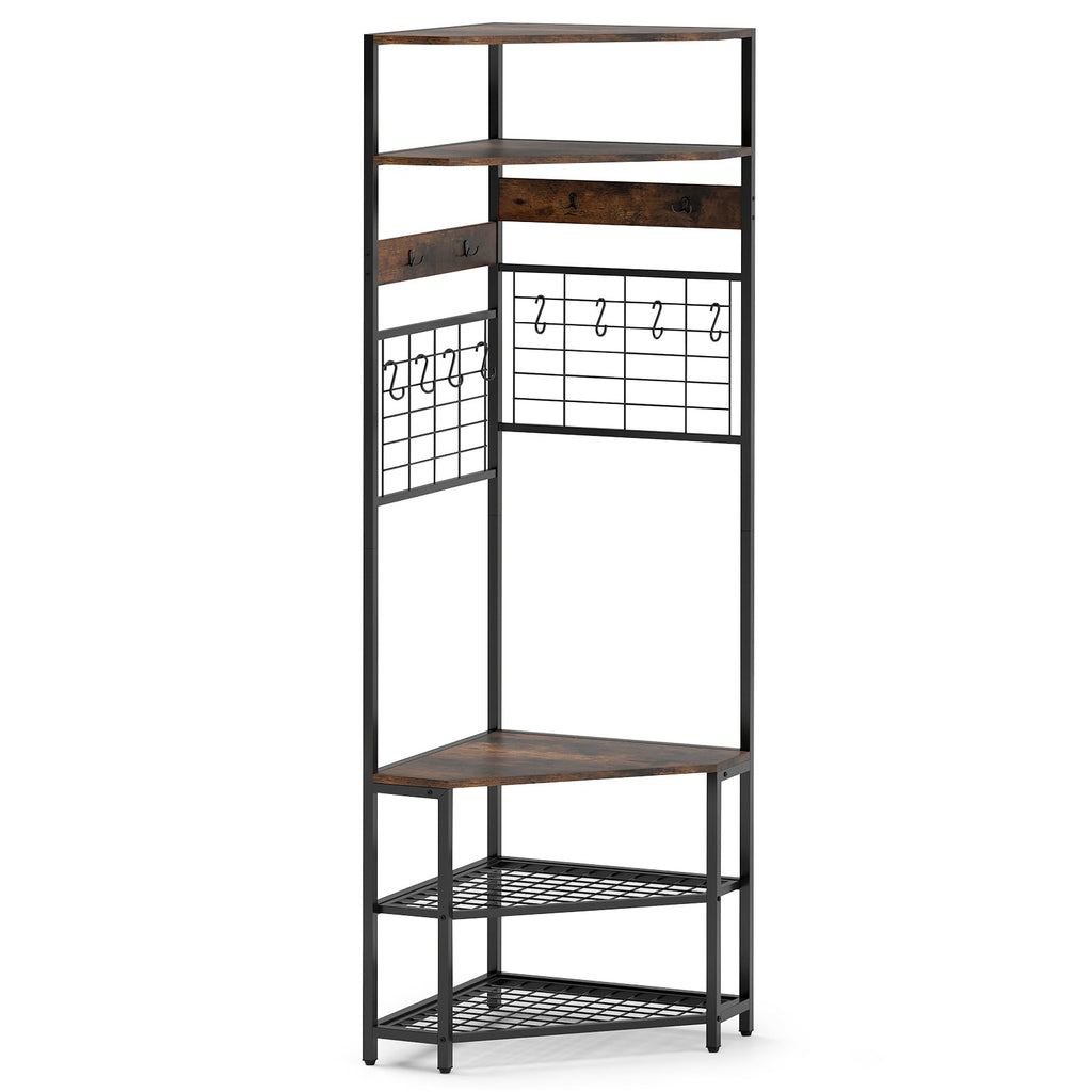 5-Tier Corner Hall Tree with Shoe Storage Bench-Rustic Brown