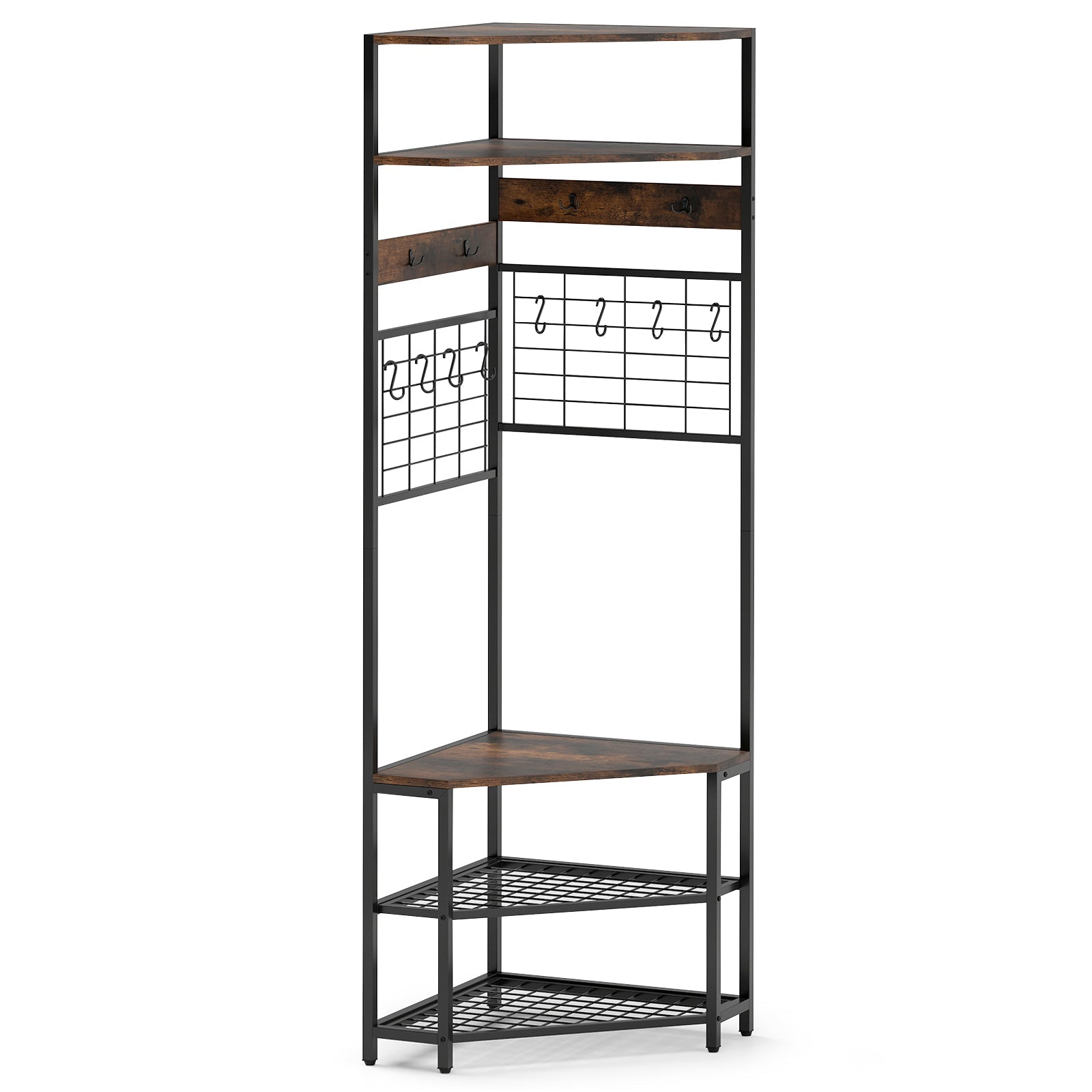 5-Tier Corner Hall Tree with Shoe Storage Bench-Rustic Brown