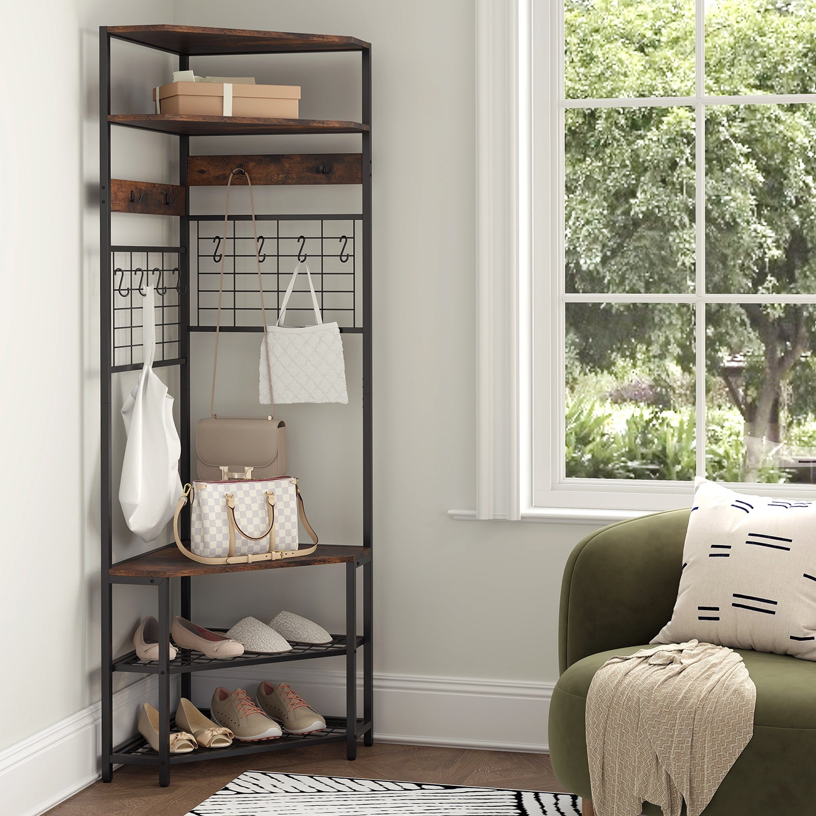 5-Tier Corner Hall Tree with Shoe Storage Bench-Rustic Brown