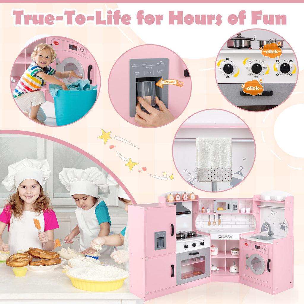 Corner Kids Play Kitchen with Washing Machine and Ice Maker Gift for Boys Girls-Pink
