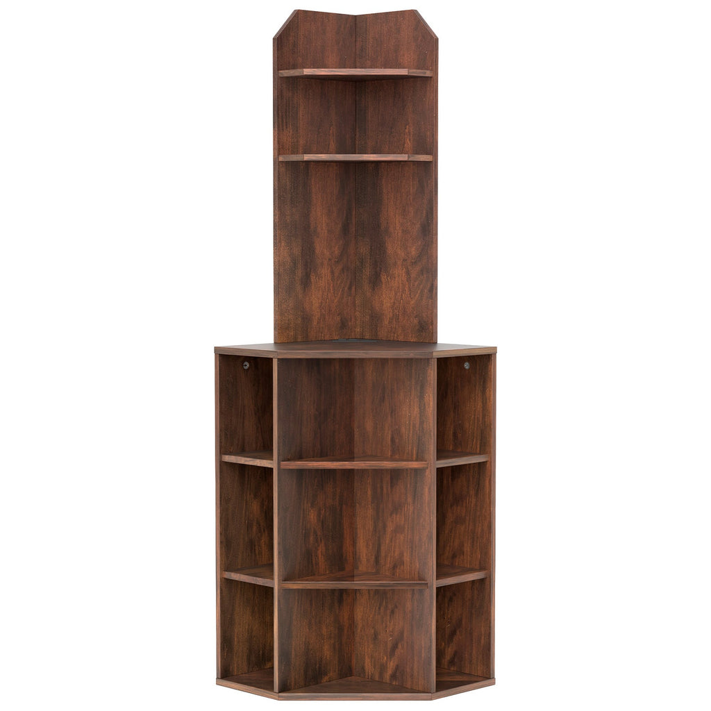 6-Tier Corner Shelf with Charging Station and 2 USB Ports-Brown