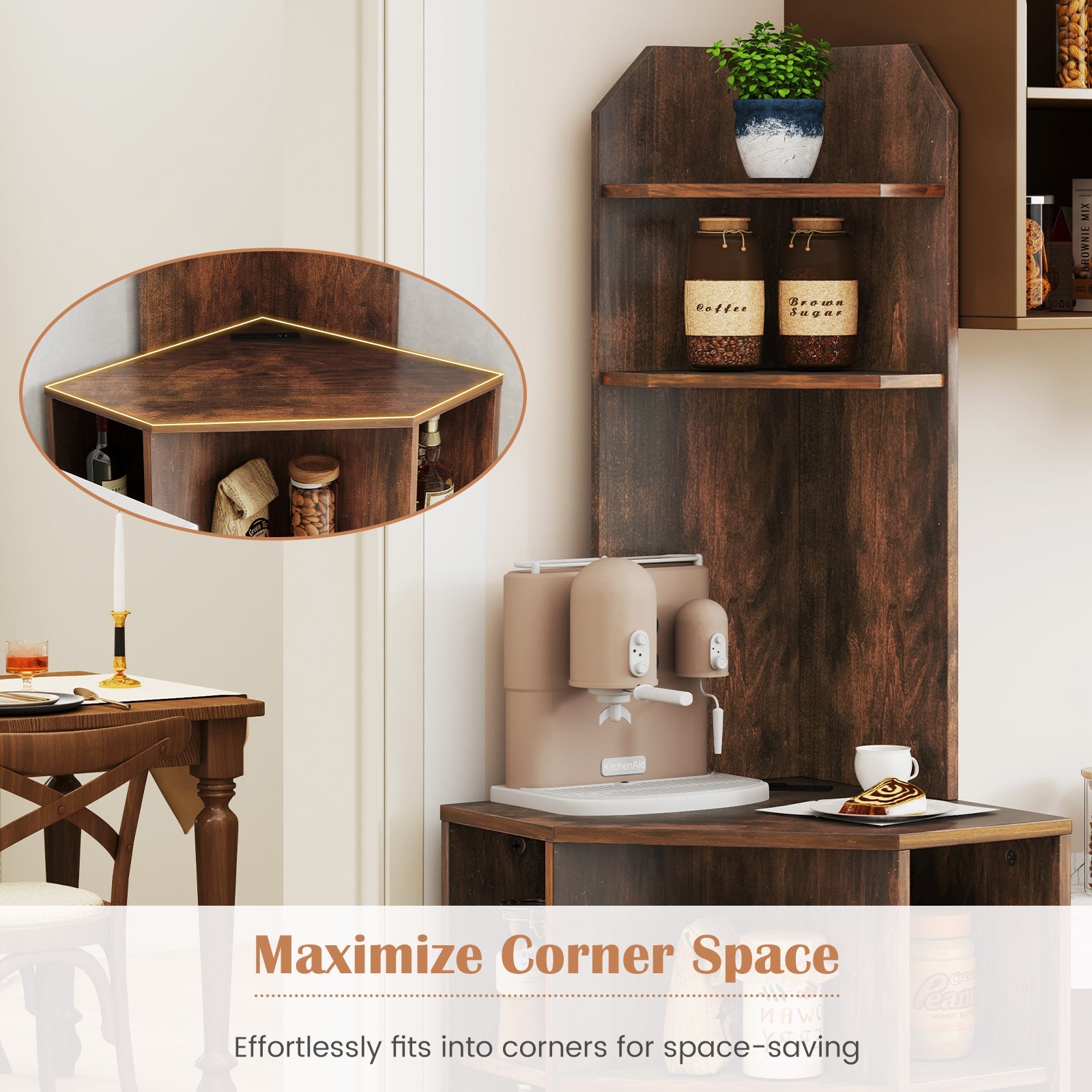 6-Tier Corner Shelf with Charging Station and 2 USB Ports-Brown