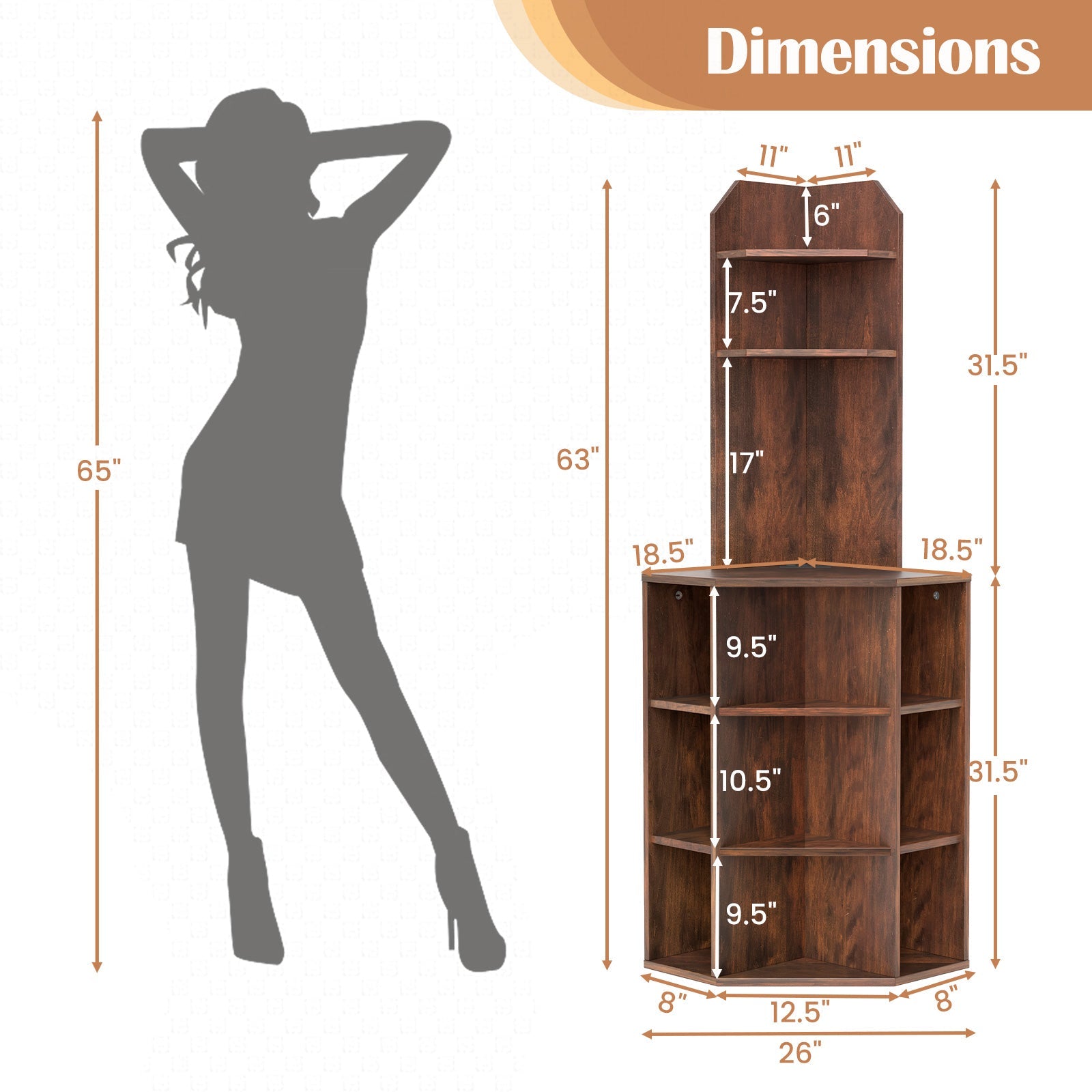 6-Tier Corner Shelf with Charging Station and 2 USB Ports-Brown