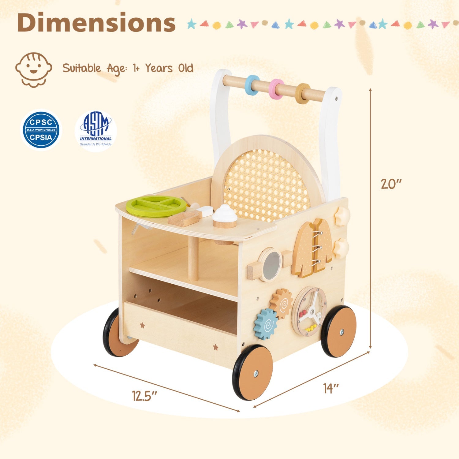 Wooden Push Walker 13-in-1 Activity Center with Storage