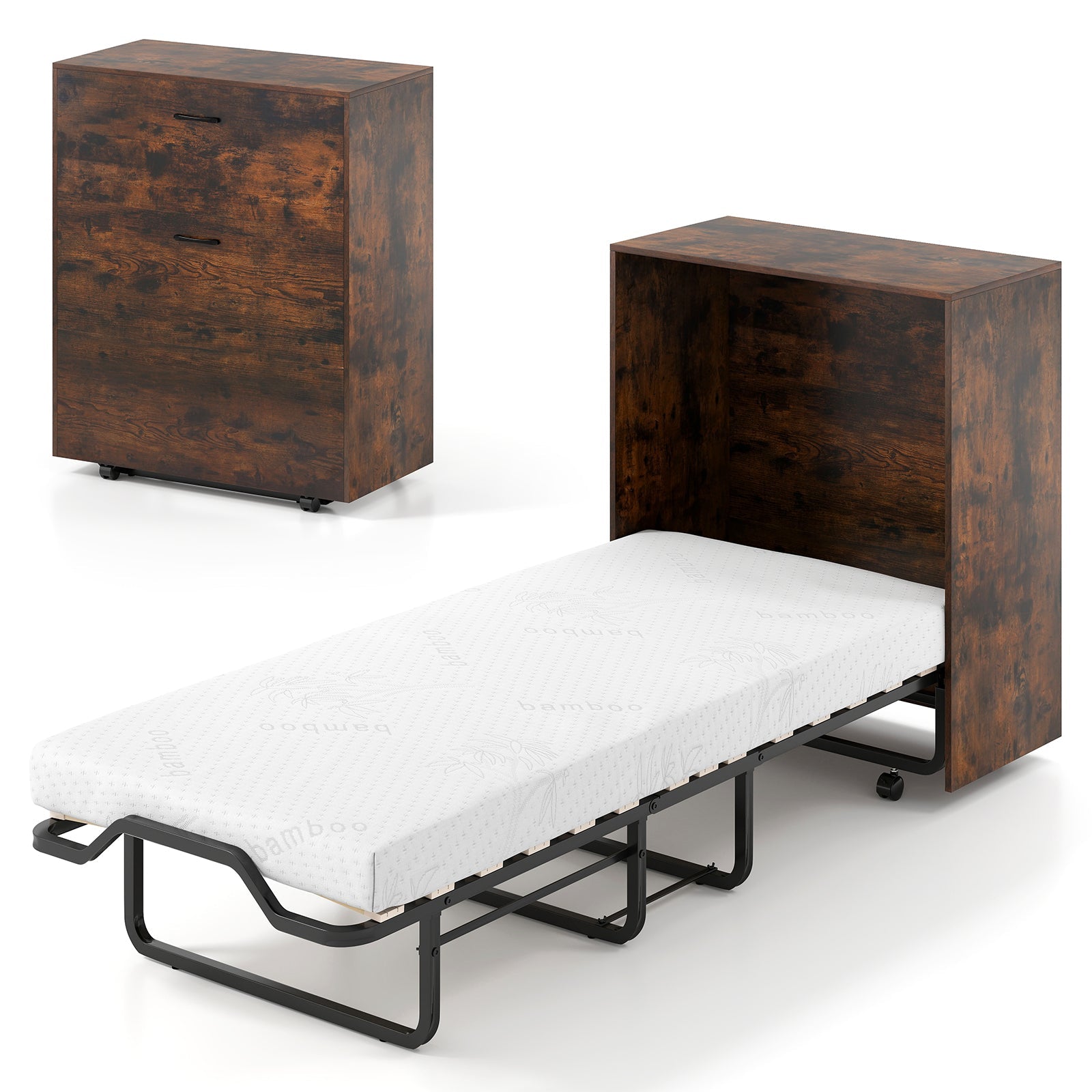 Cot Size Murphy Bed with Foldable Bed and Lockable Wheels-Rustic Brown