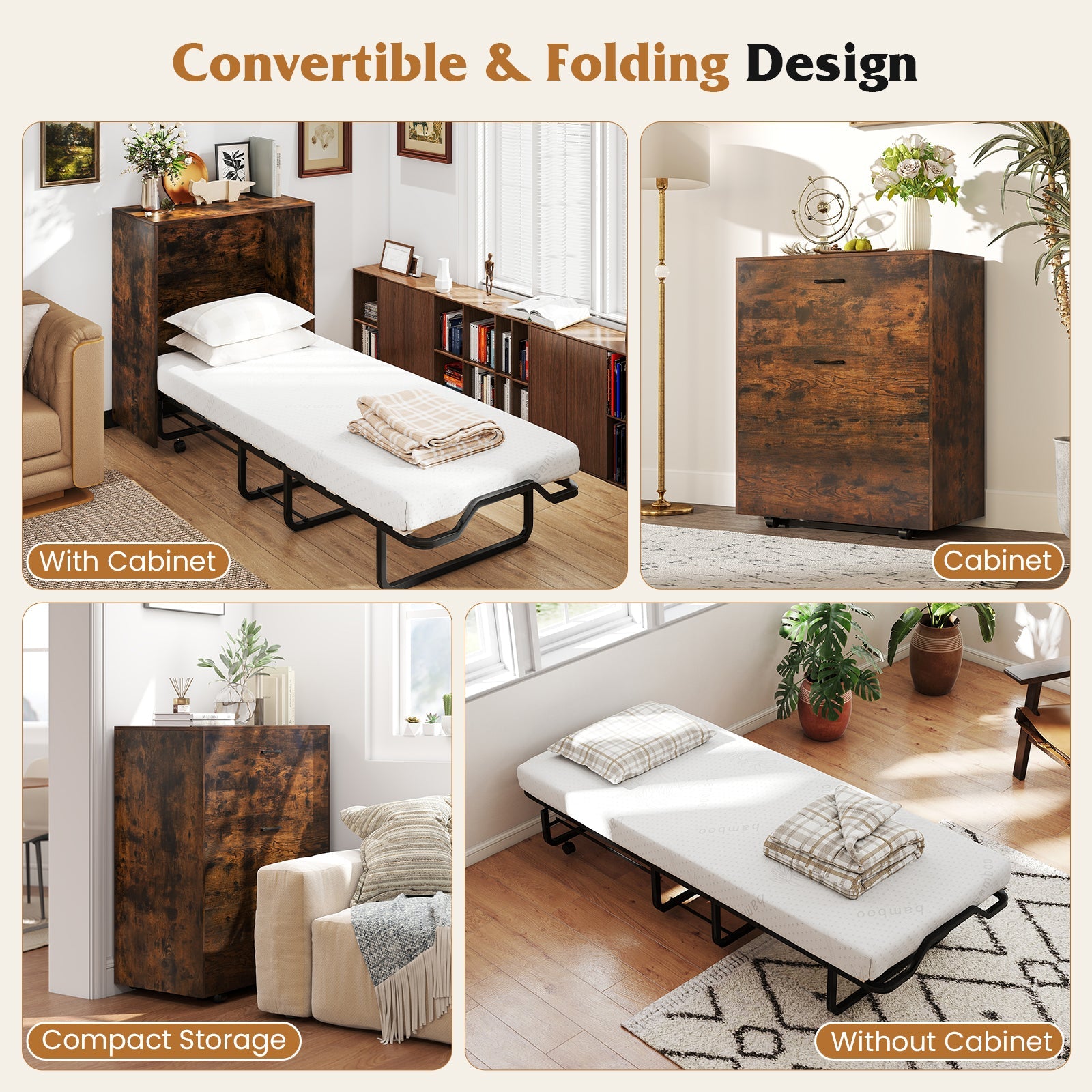 Cot Size Murphy Bed with Foldable Bed and Lockable Wheels-Rustic Brown