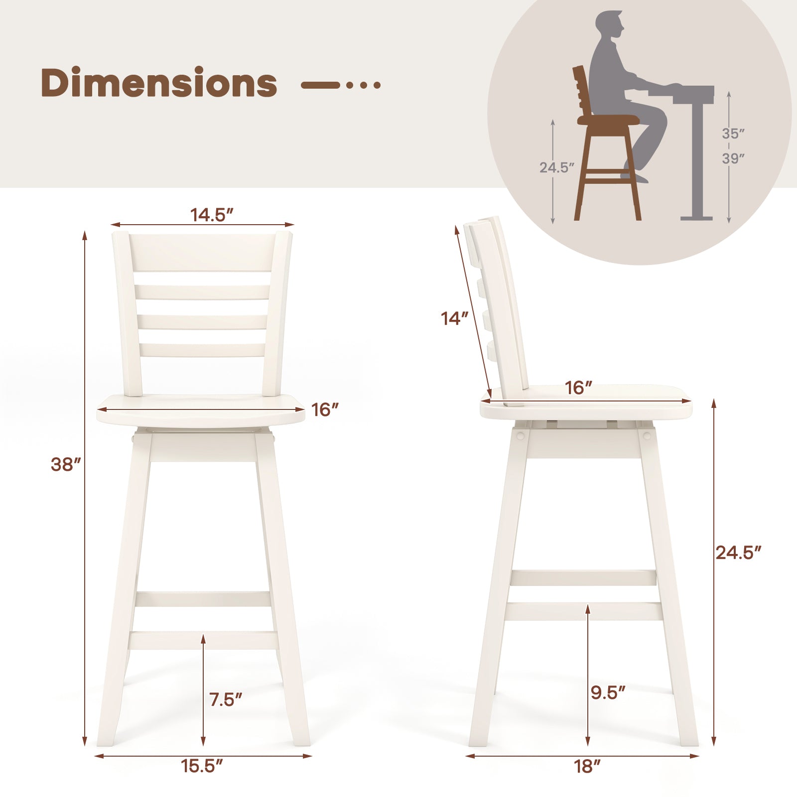 Counter Height Barstools Set of 2 with Footrest for Kitchen Island Bar-Cream White