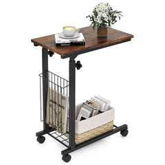 C-shape Sofa Side Table with Storage Basket-Rustic Brown