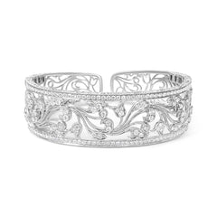 18K White Gold 3 1/4 Cttw Pave Diamond Openwork Floral Filigree Swirl Bangle Cuff Bracelet (H-I Color, VS2-SI1 Clarity)
