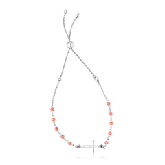 Sterling Silver White and Rose Finish Adjustable Bracelet with Cross