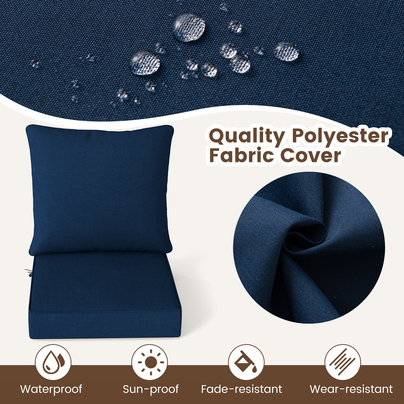 Deep Seat Chair Cushion Pads Set with Rope Belts for Indoor and Outdoor-Blue