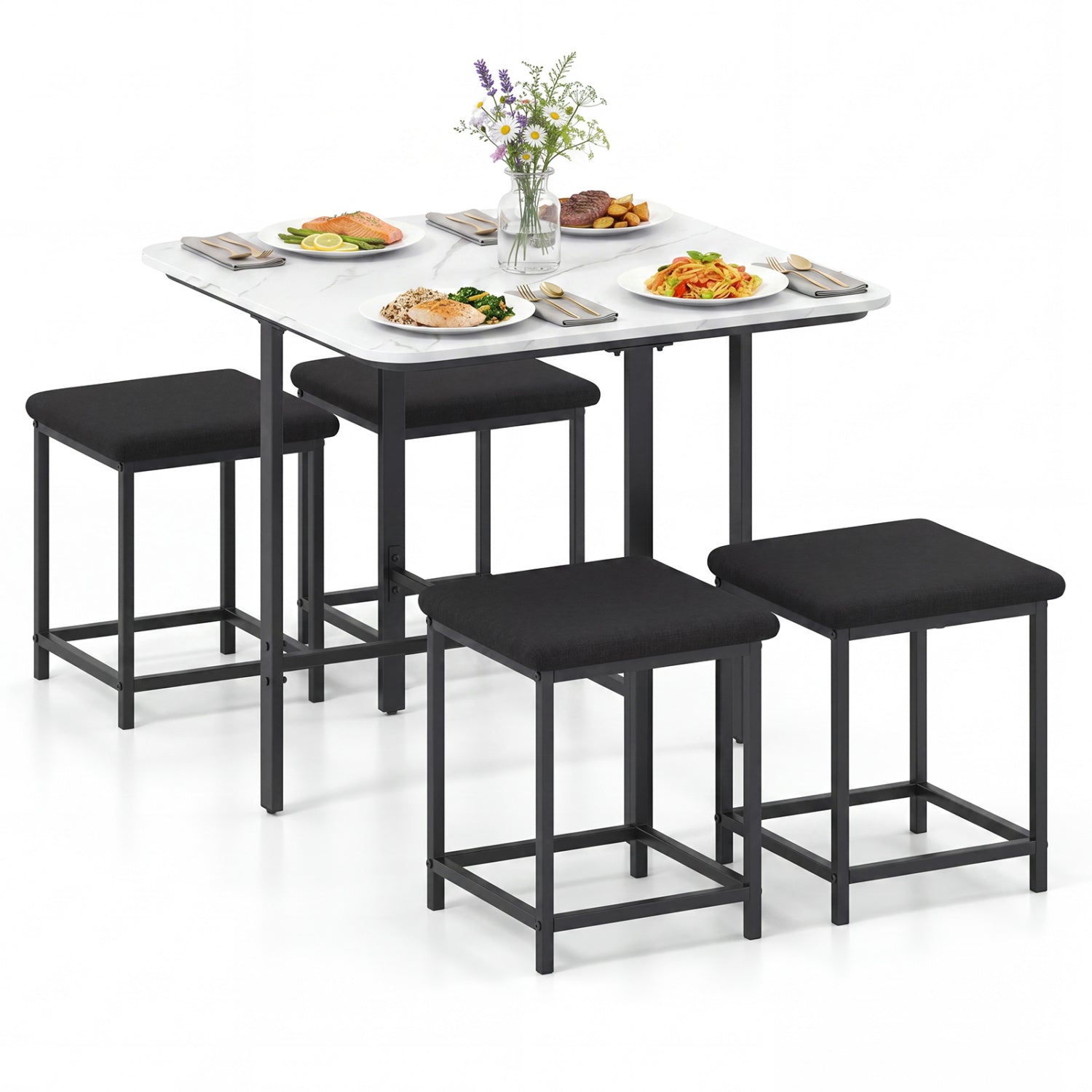5-Piece Dining Table Set with 4 Upholstered Stools