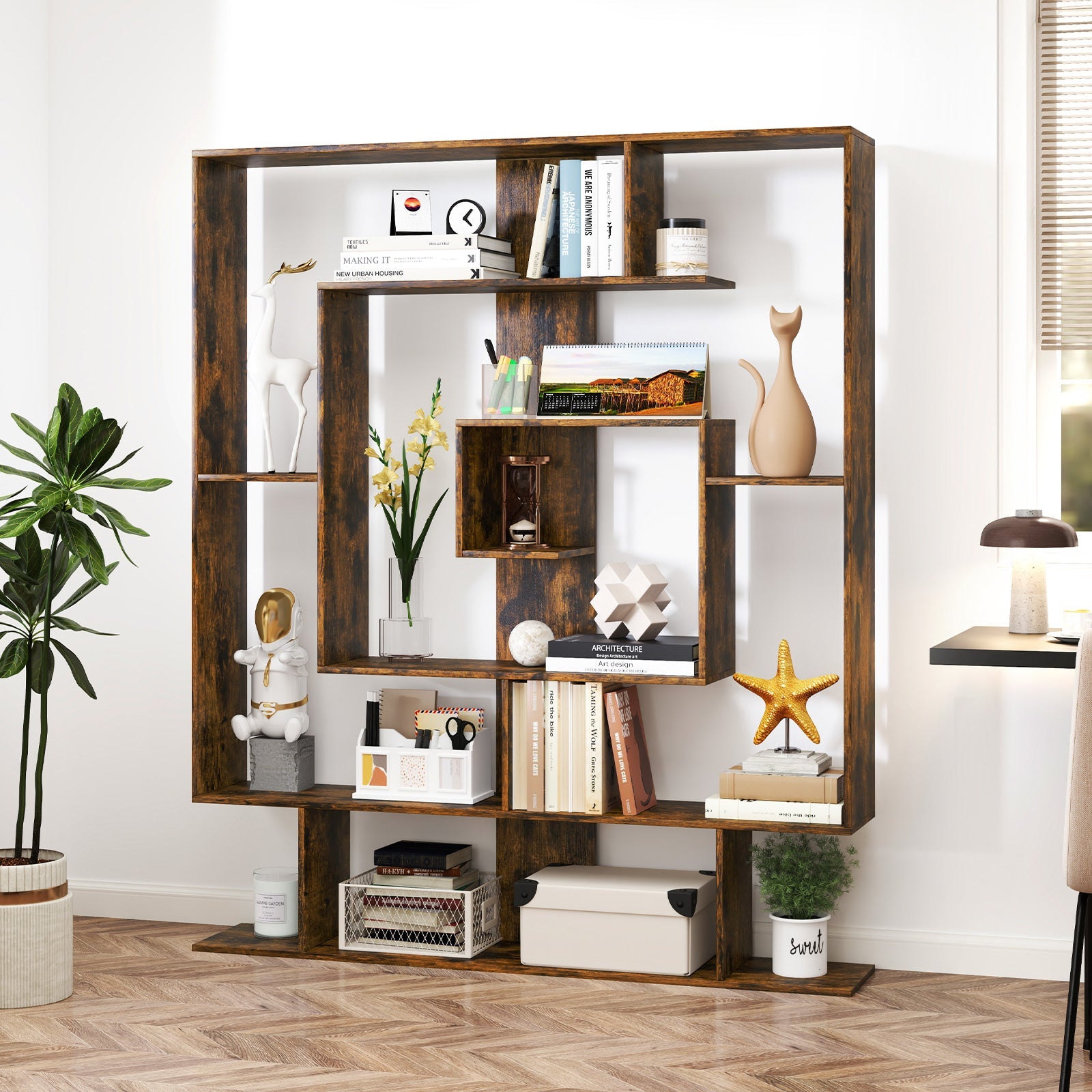 7-Tier Bookshelf  Open Display Shelf Rack for Home Office-Rustic Brown