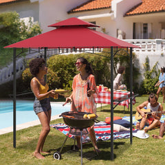 Outdoor Double-Tiered Grill Gazebo Canopy with 2 Shelves and 7 Hooks-Red