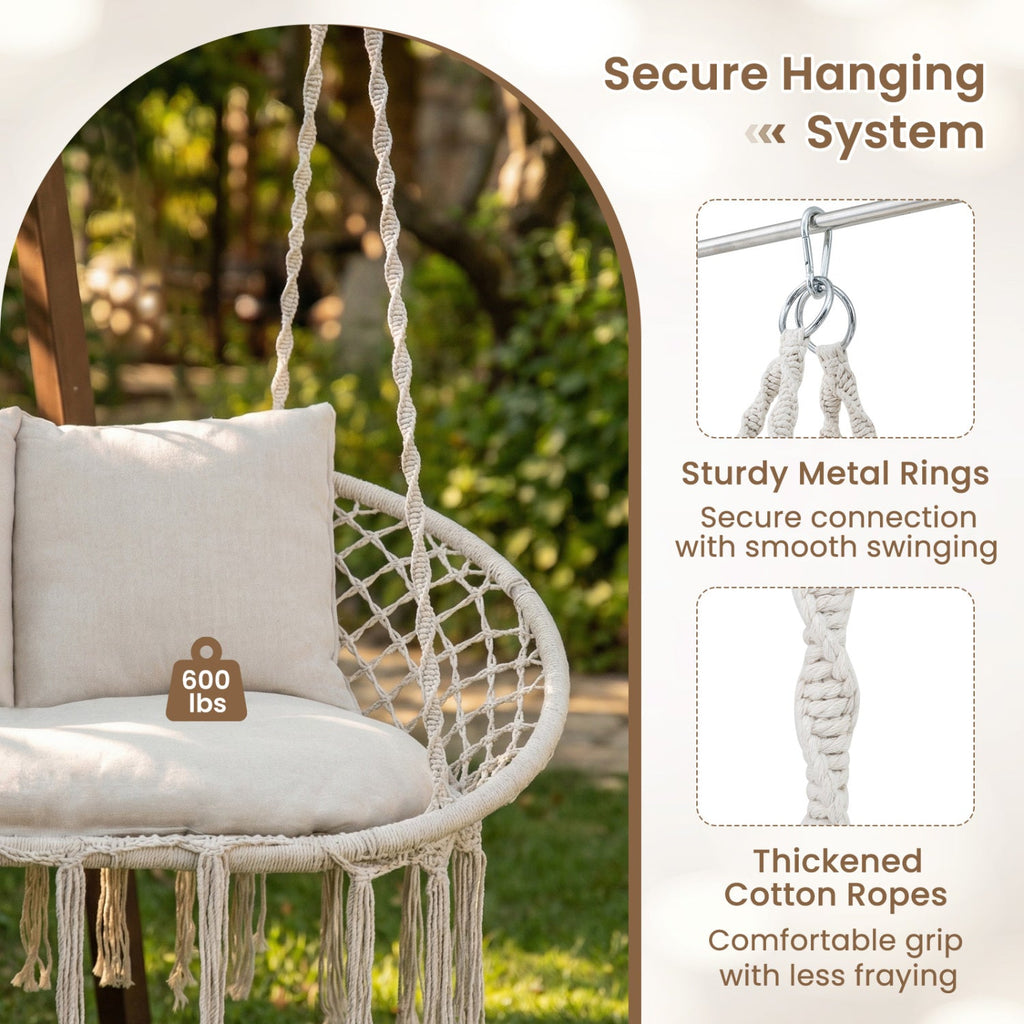 Double Swing Chair with Cushions Macrame Hanging Hammock Chair for Indoor and Outdoor Use