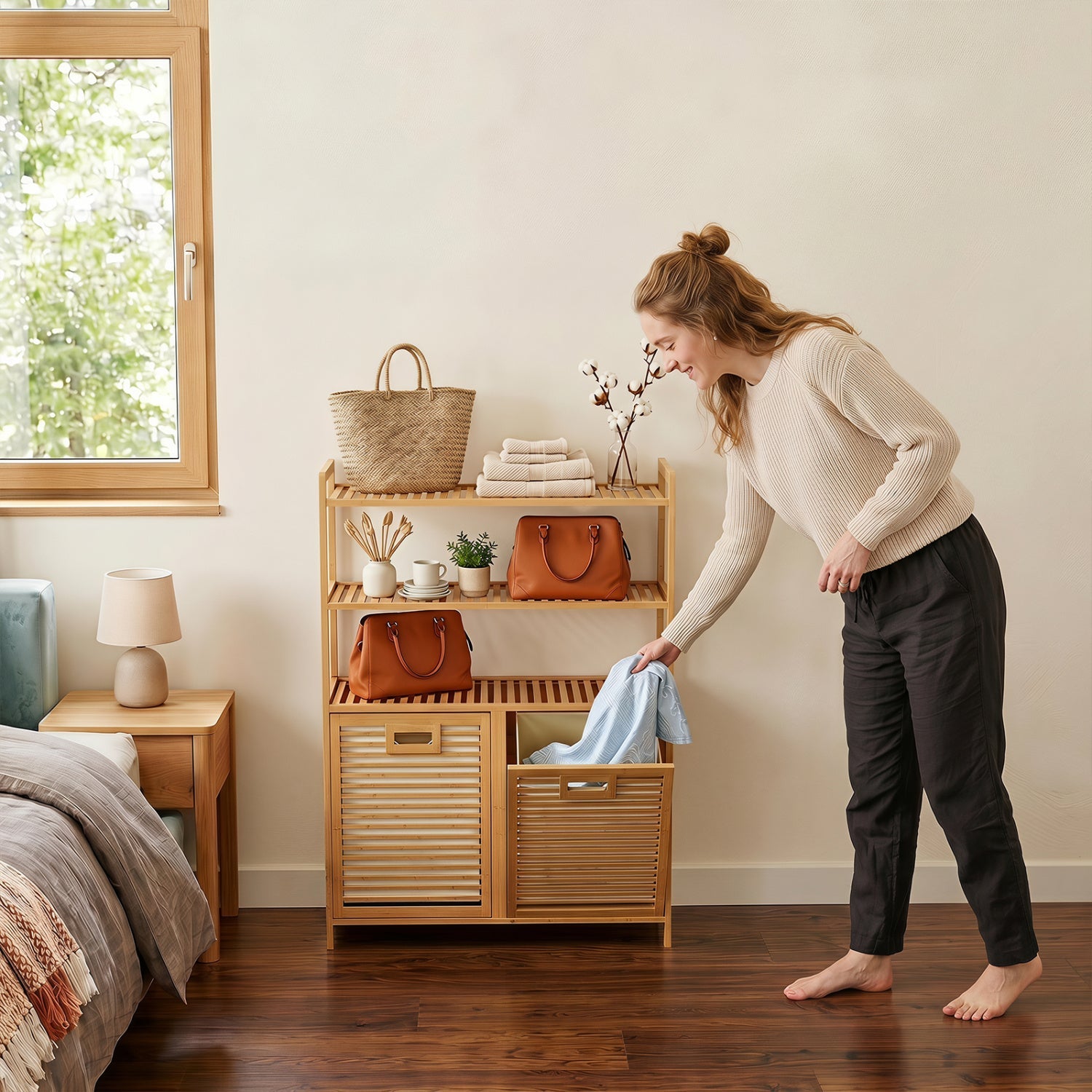 Double Tilt-Out Laundry Hamper with 3 Shelves & Baskets