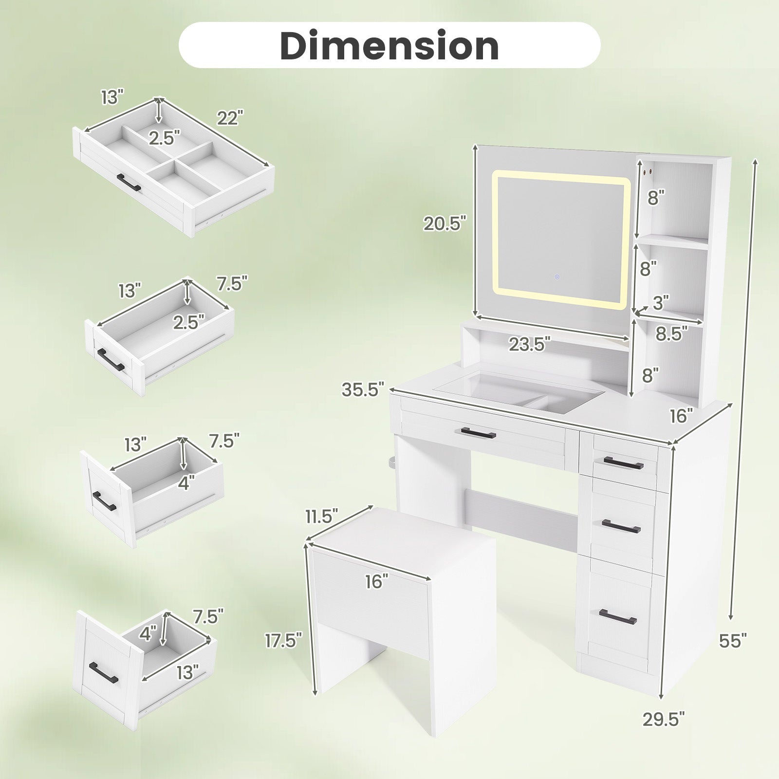Dressing Desk with 3 Color Lighting and Hair Dryer Stand-White