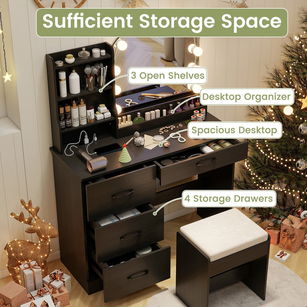 Makeup Vanity Desk Dressing Table and Stool Set with Mirror and Lights-Black
