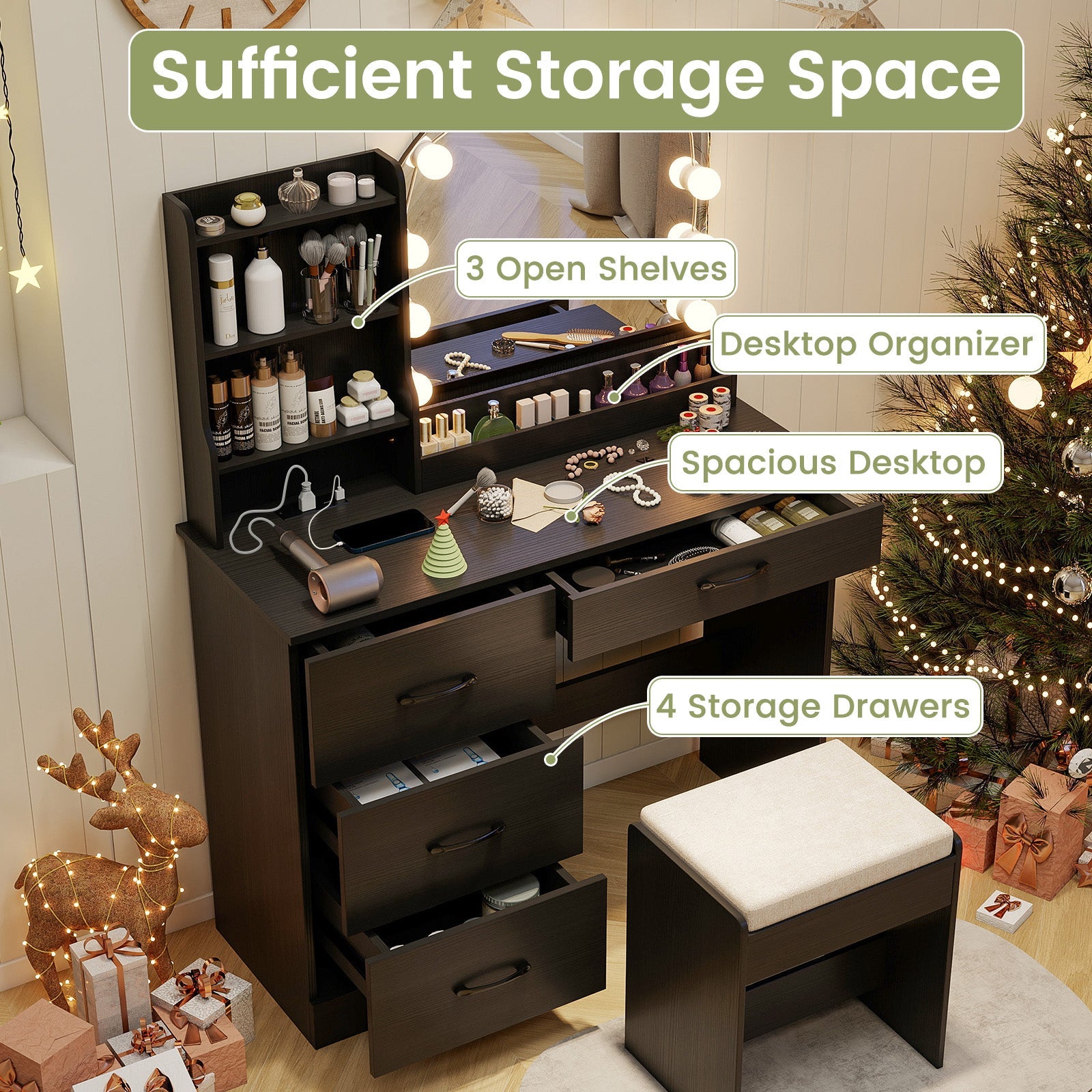 Makeup Vanity Desk Dressing Table and Stool Set with Mirror and Lights-Black