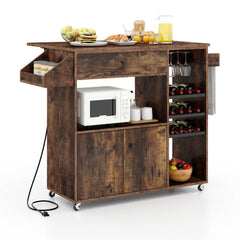 Drop Leaf Mobile Kitchen Island Cart with Power Outlet and Adjustable Shelf-Rustic Brown