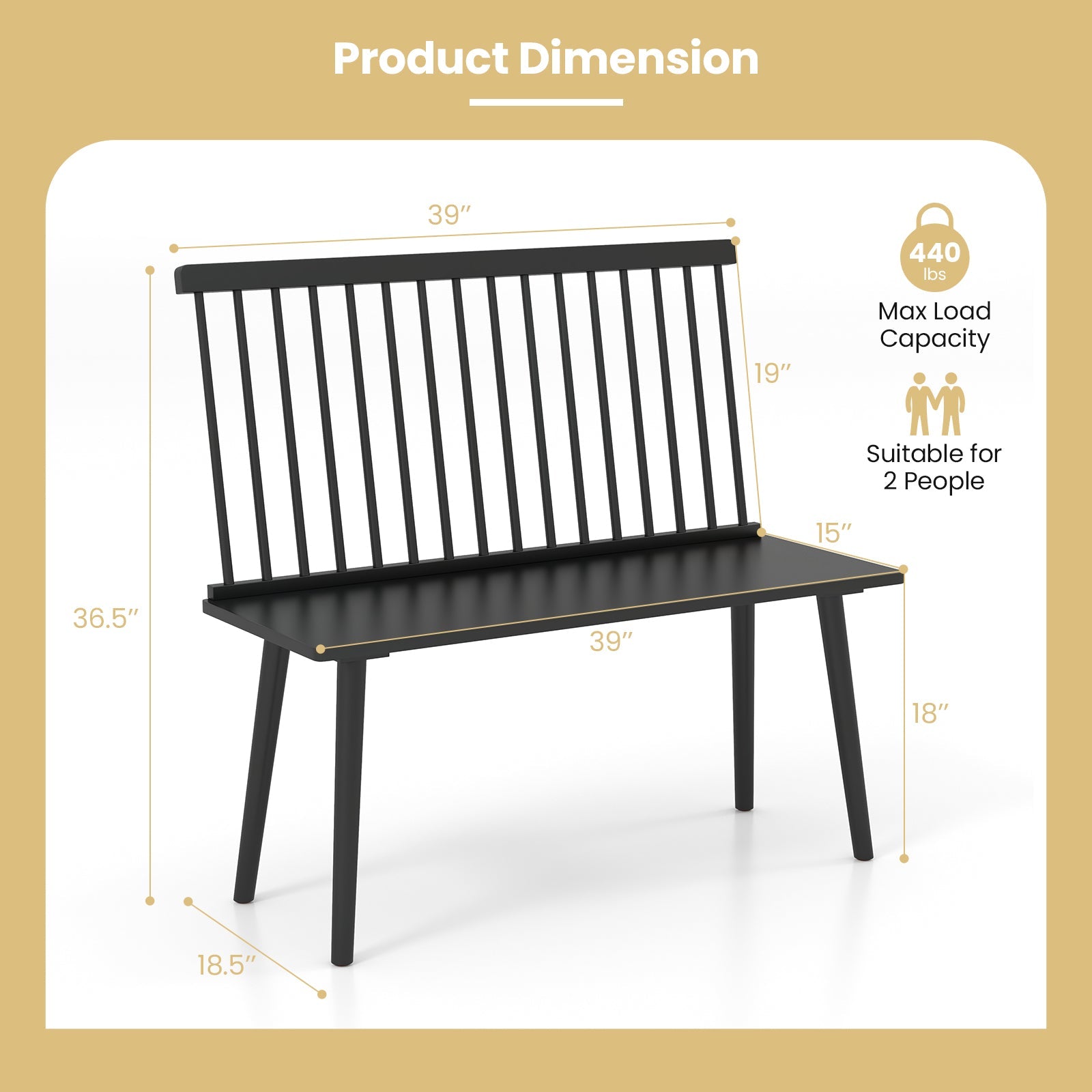 Entryway Bench for 2 with Spindle Back for Kitchen Dining Room Hallway-Black