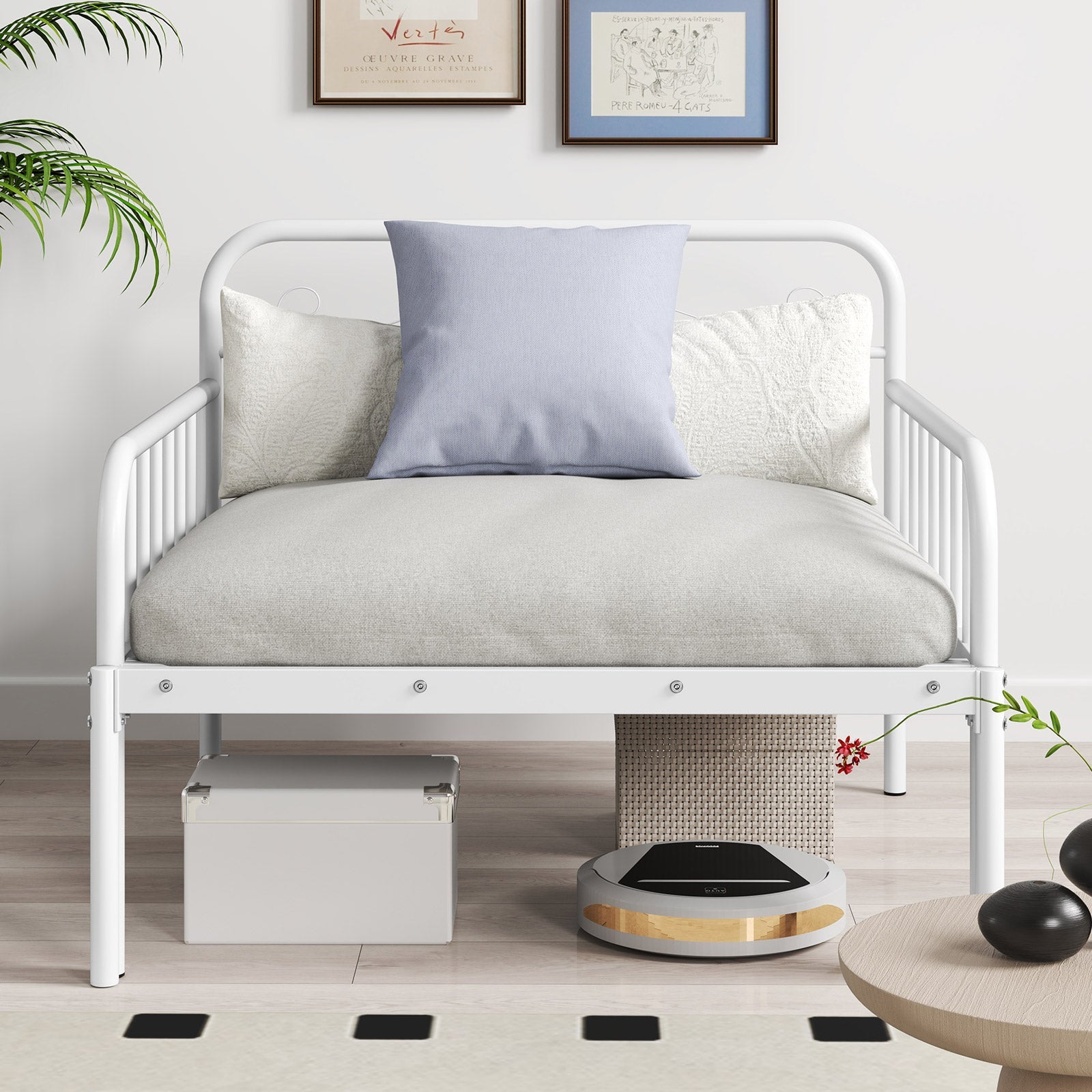 Extendable Metal Daybed to Twin Size Bed with Guardrails and Armrests-White