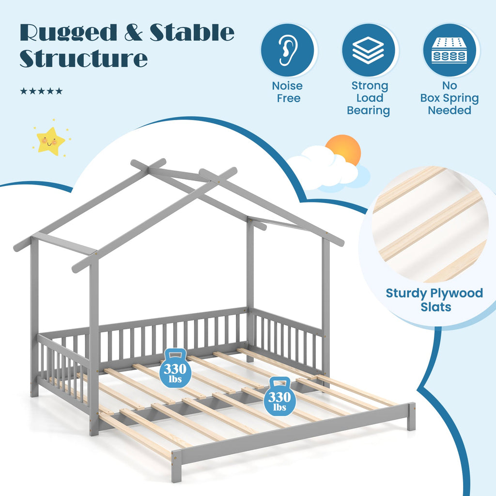 Extendable House Bed Twin to King Daybed with Roof and Fence Rails-Gray