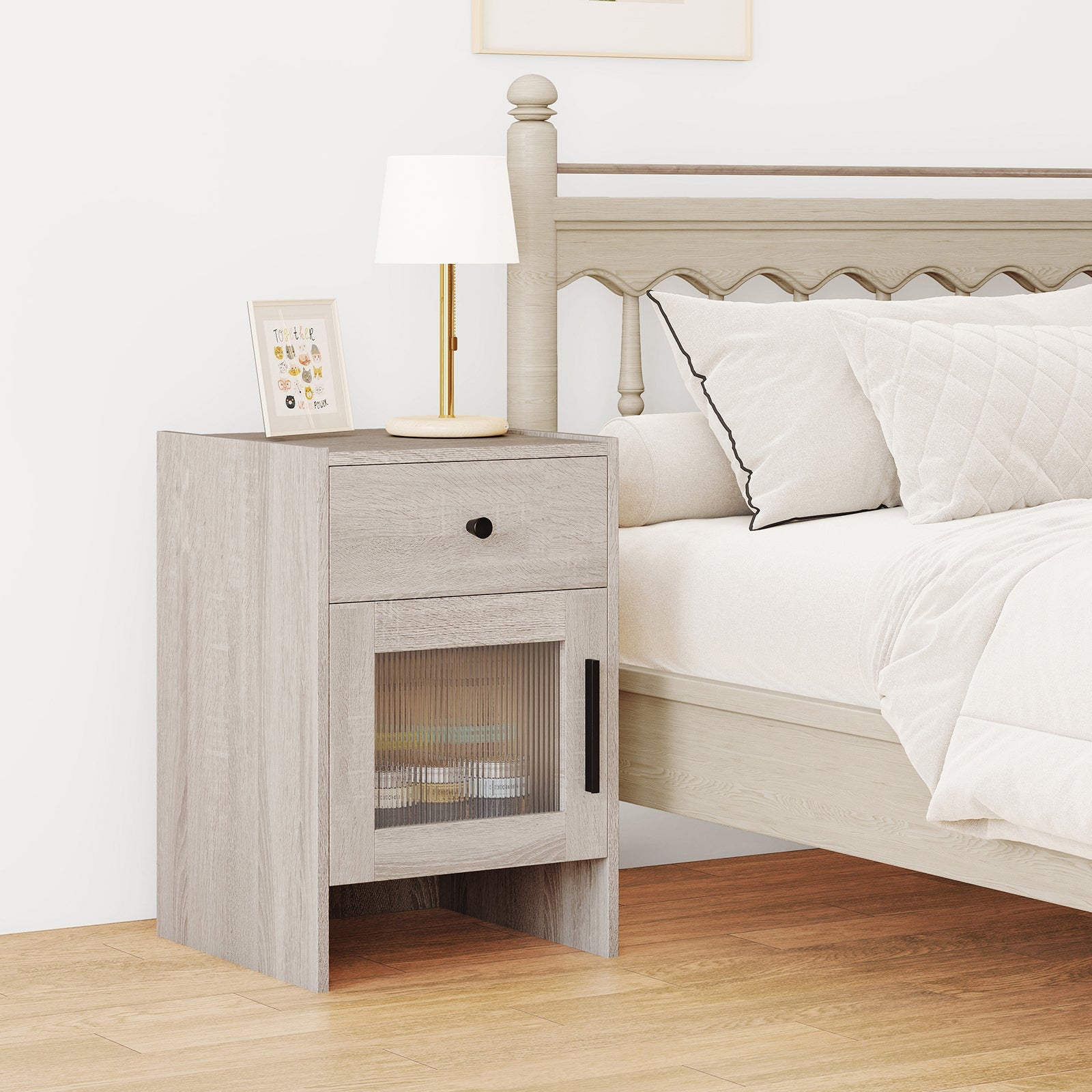 Nightstand with Drawer and Cabinet-Antique Brush White