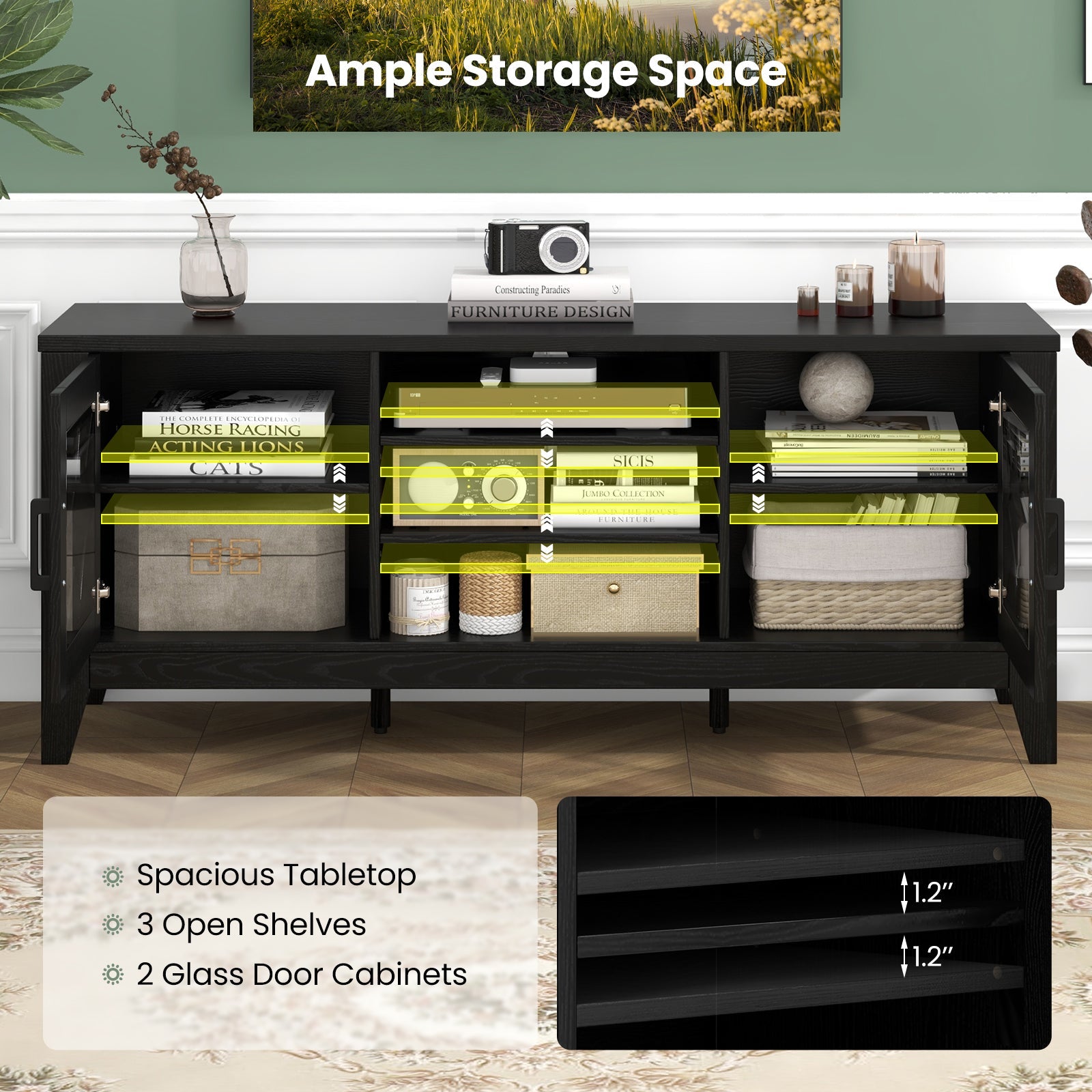Farmhouse TV Stand for TVs Up to 65 Inches 4 Adjustable Shelves-Black