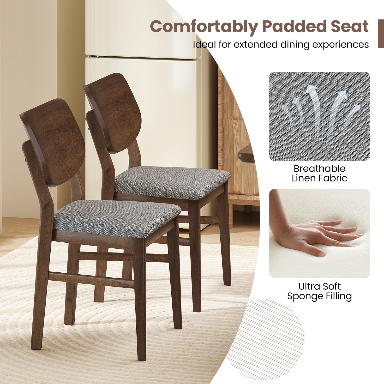 Farmhouse Upholstered Kitchen Chairs Set of 2 with Rubber Wood Frame-Gray