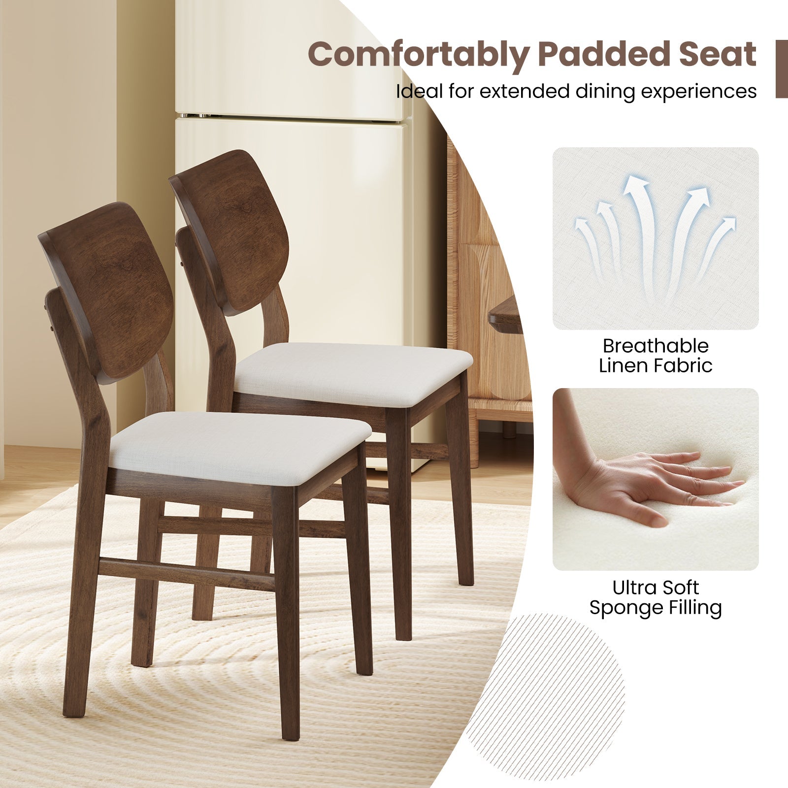 Farmhouse Upholstered Kitchen Chairs Set of 2 with Rubber Wood Frame-Walnut