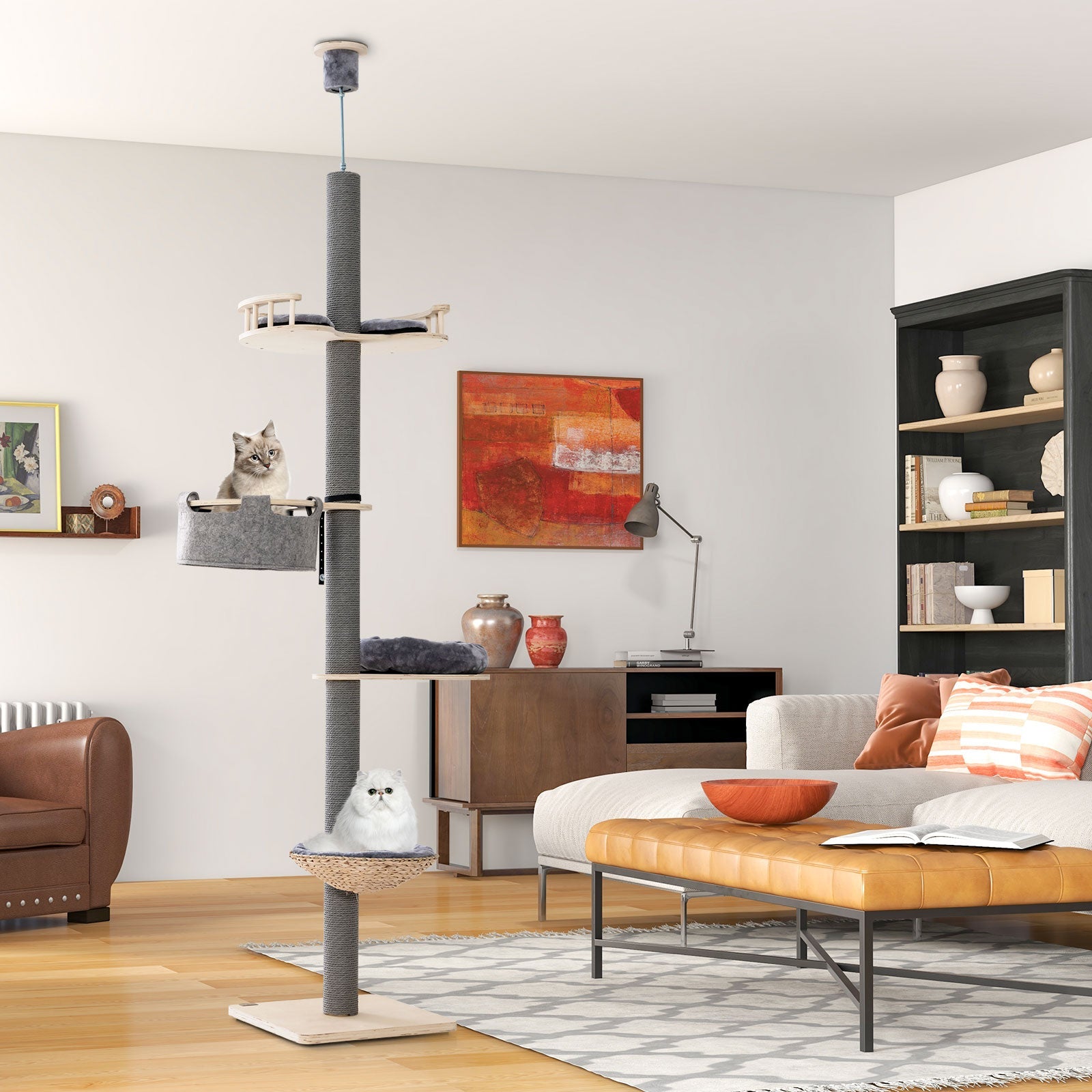 Floor to Ceiling Cat Tree with 93 Inch-107 Inch Adjustable Height-Gray