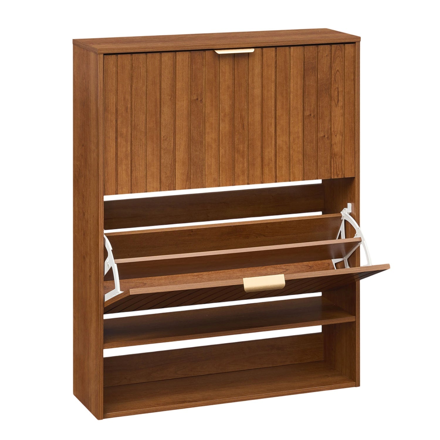 Fluted Shoe Cabinet with 2 Flip Drawers and Open Storage