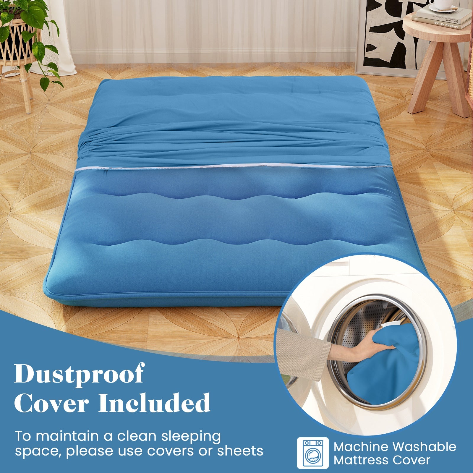 Foldable Futon Mattress with Washable Cover and Carry Bag for Camping Blue-Full Size