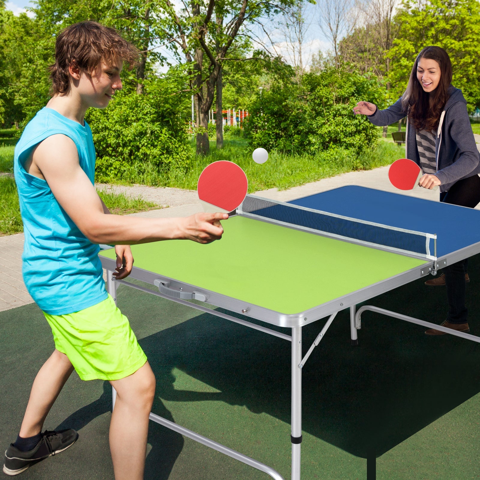 Foldable Ping Pong Table Game Set Mini Table Tennis Table with Adjustable Height-Blue & Green