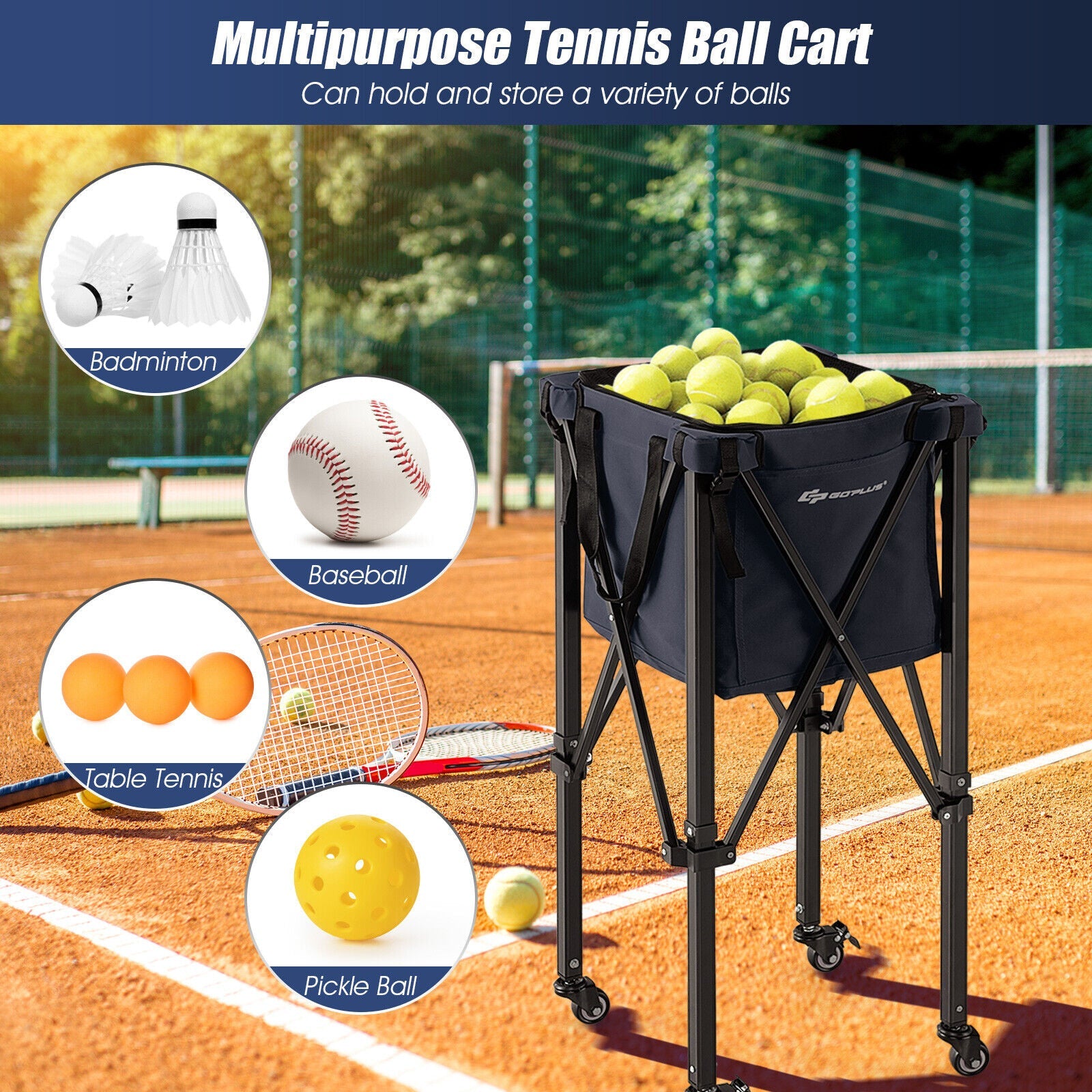 Lightweight Foldable Tennis Ball Teaching Cart with Wheels and Removable Bag-Blue
