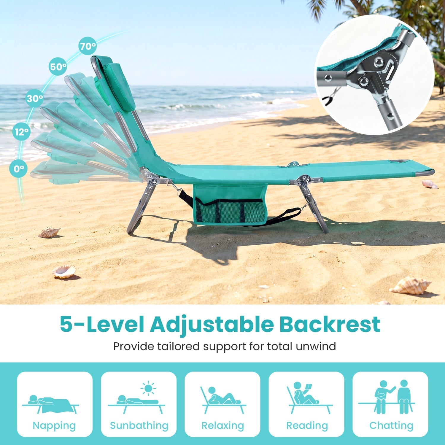 Folding Beach Lounge Chair with Adjustable Backrest for Lawn