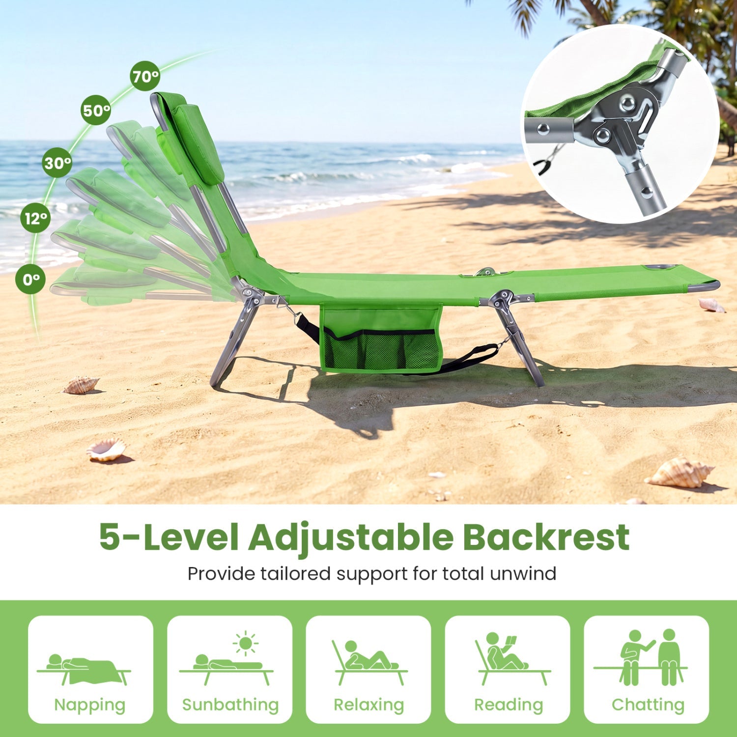 Folding Beach Lounge Chair with Adjustable Backrest for Lawn