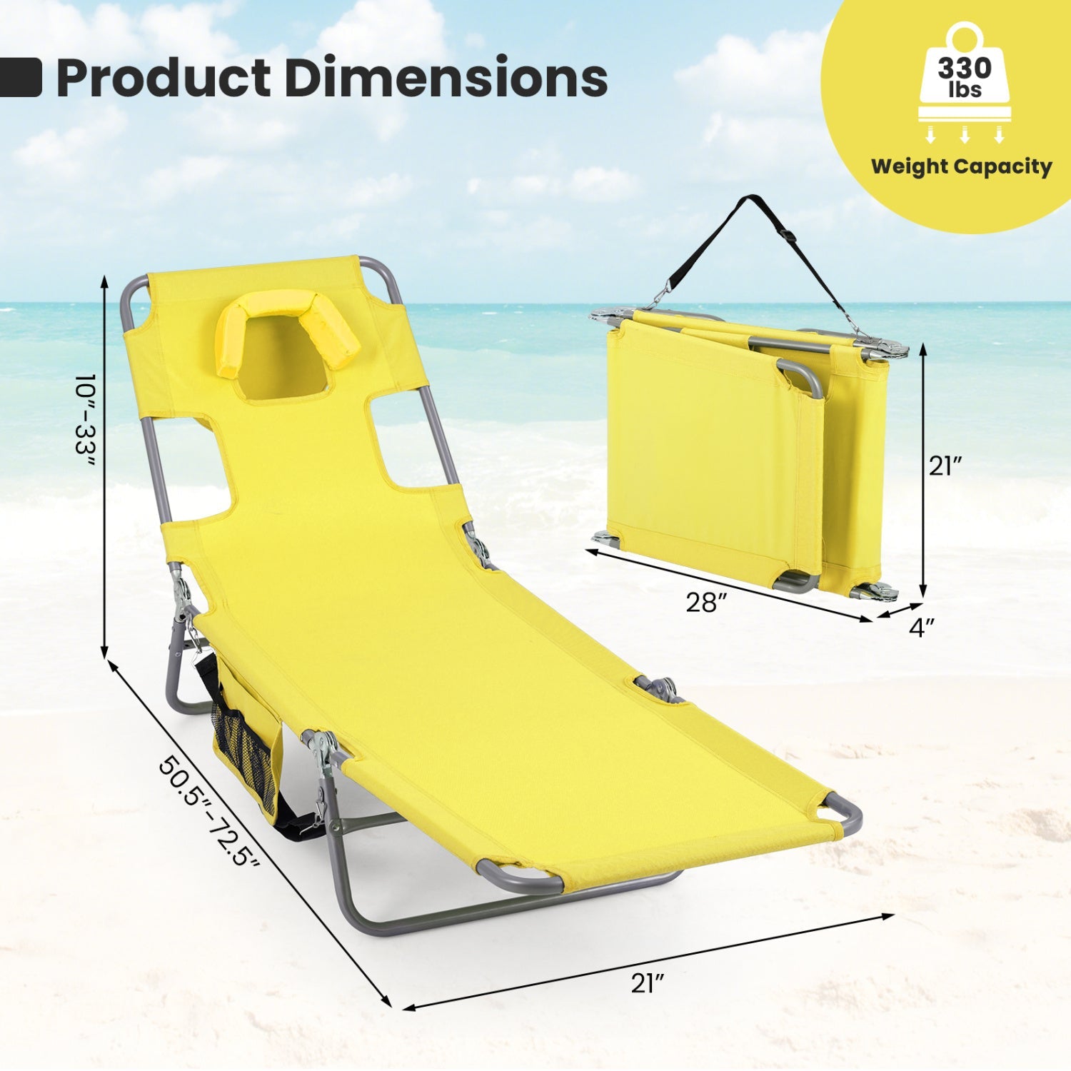 Folding Beach Lounge Chair with Adjustable Backrest for Lawn
