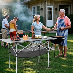 Patio Folding Camping Table with Roll-up Tabletop and Mesh Basket