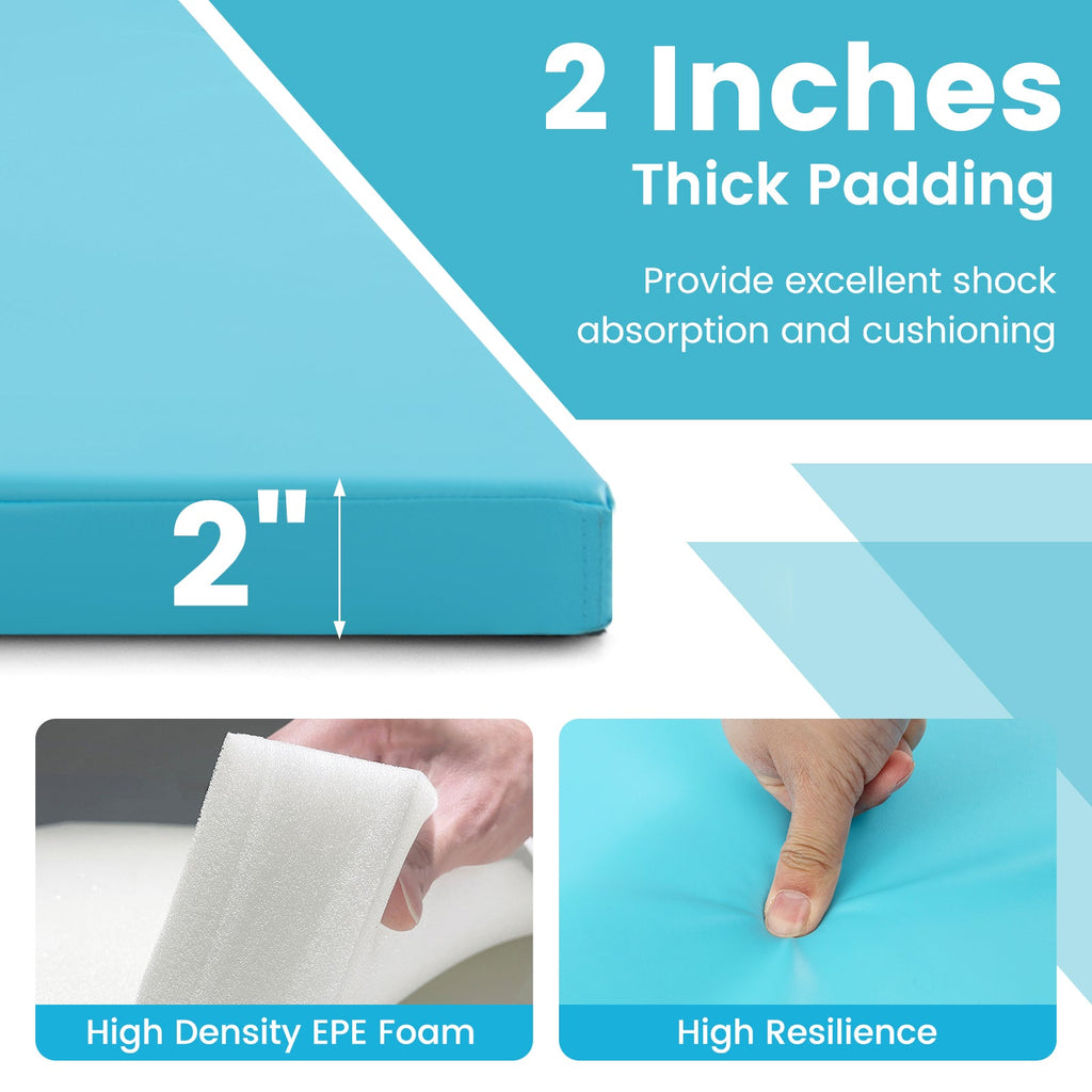 4-Panel PU Leather Folding Exercise Mat with Carrying Handles-Blue