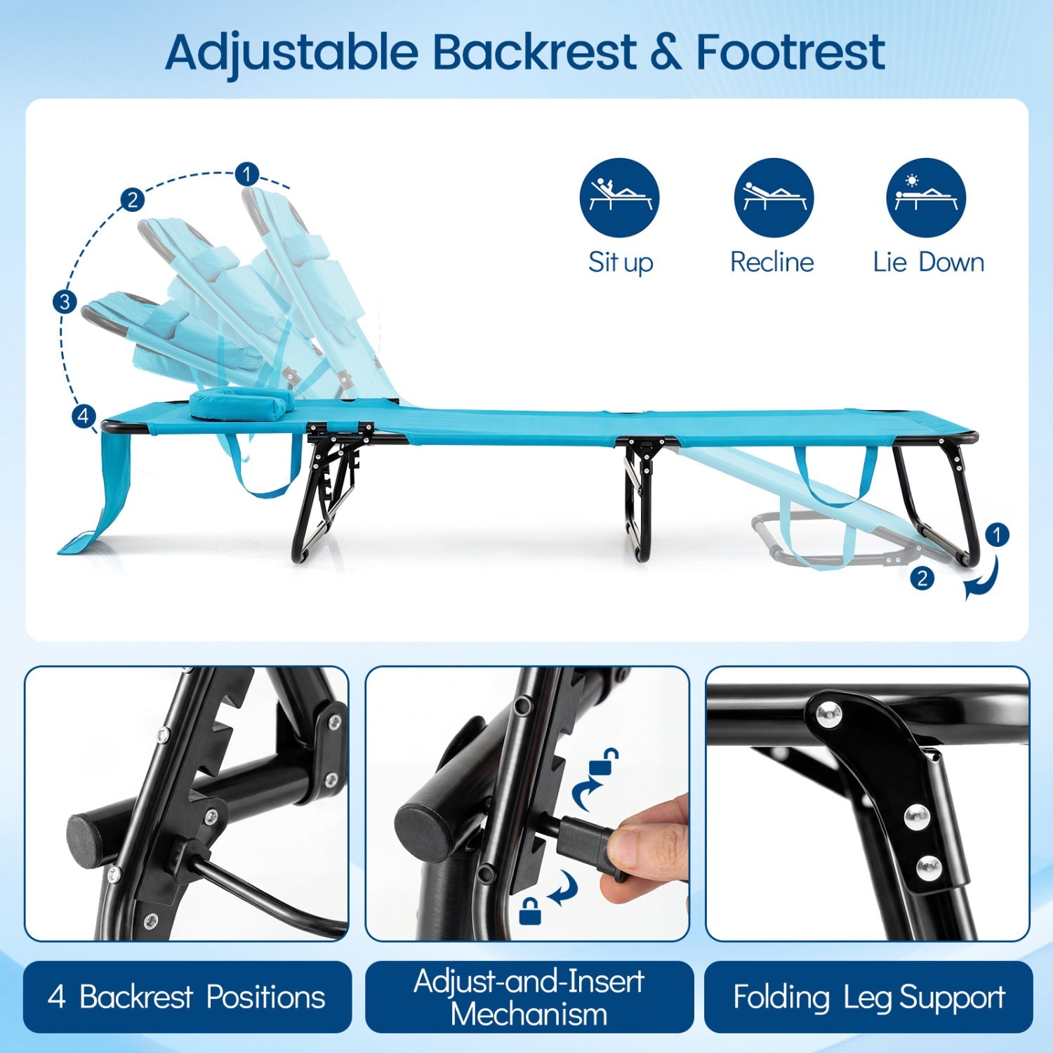 Folding Face Down Tanning Chair with Face Hole 3 Removable Pillows
