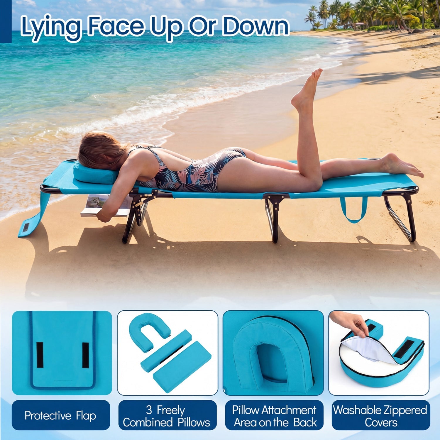 Folding Face Down Tanning Chair with Face Hole 3 Removable Pillows