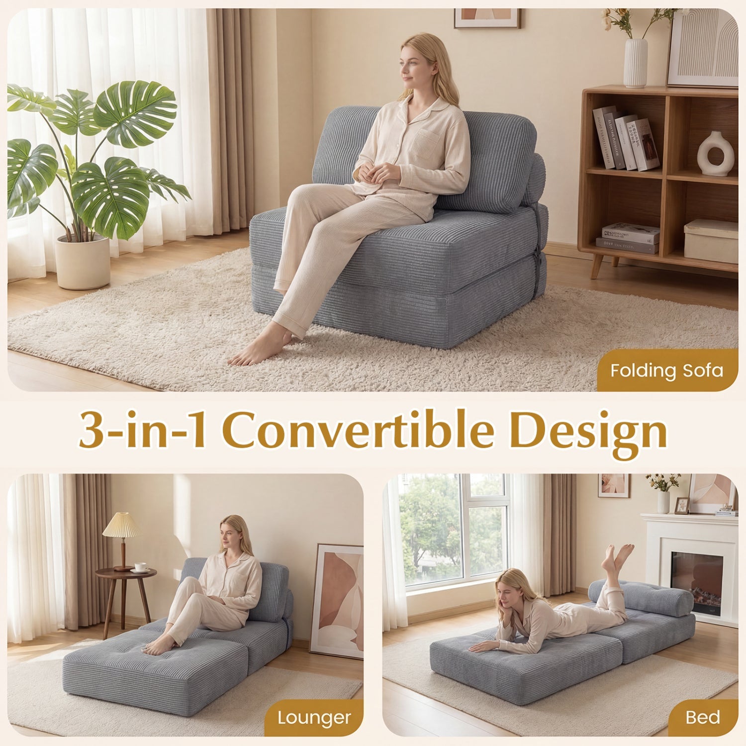 Folding Sofa Bed with Pillow and Back Support for Living Room