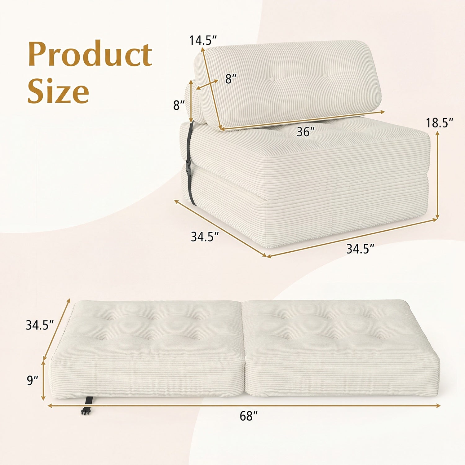 Folding Sofa Bed with Pillow and Back Support for Living Room
