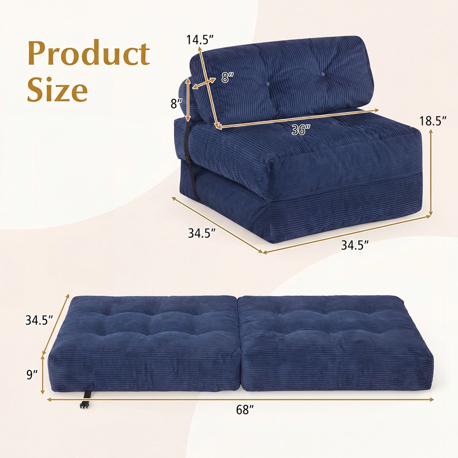 Folding Sofa Bed with Pillow and Back Support for Living Room